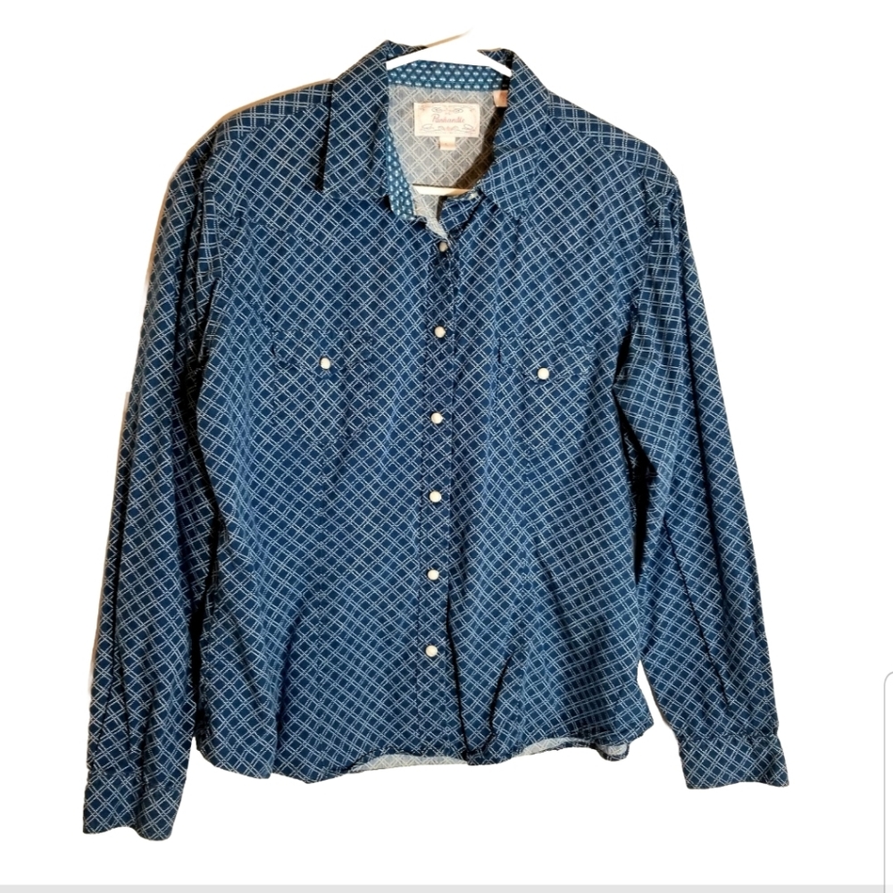 Panhandle Slim Shirt Women's Large Pearl Snap Blue Diamonds Long Sleeve Western - Picture 1 of 6